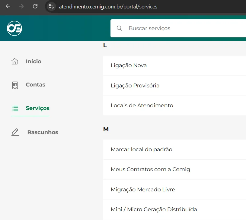 Portal Cemig Atende, menu Serviços aberto na letra M, com a opção Mini / Micro Geração Distribuída
