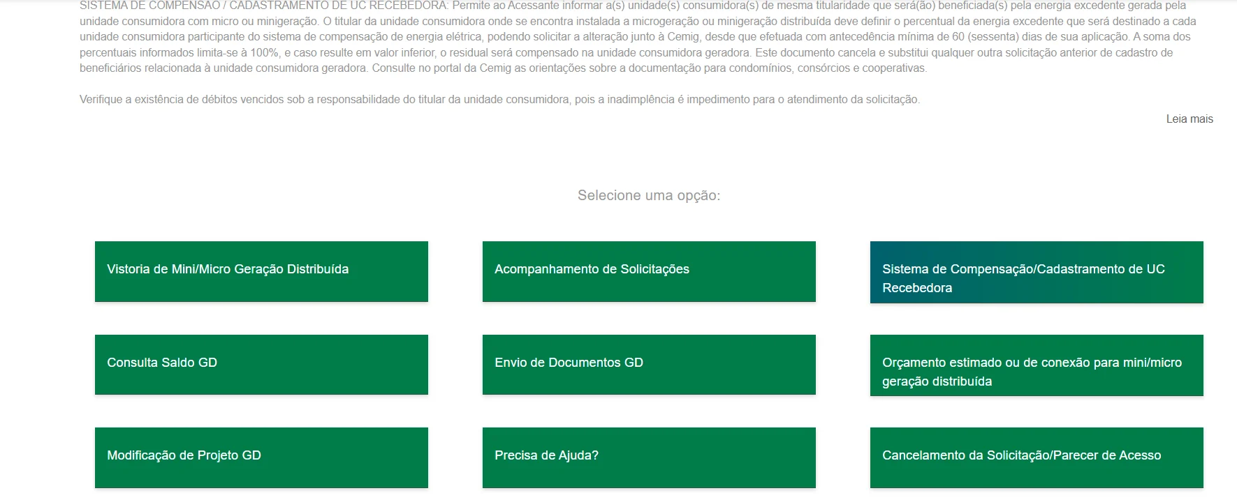 Página de Mini e Micro Geração Distribuída com nove botões; o terceiro é Sistema de Compensação/Cadastramento de UC Recebedora