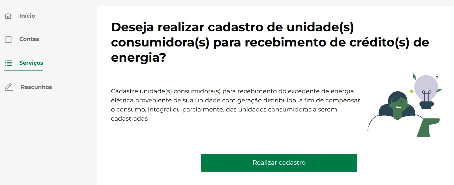 Tela Deseja realizar cadastro de unidades consumidoras para recebimento de créditos de energia, com o botão Realizar cadastro