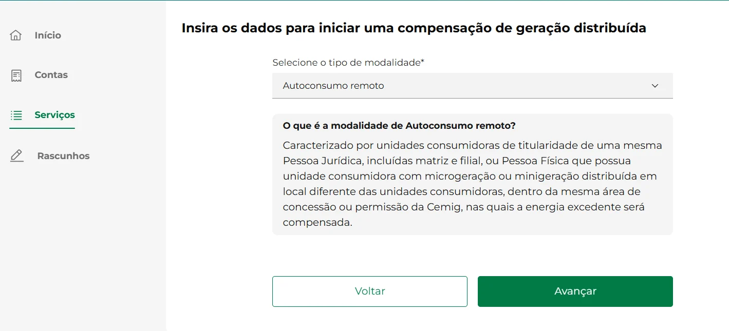 Tela Insira os dados para iniciar uma compensação de geração distribuída, com a modalidade Autoconsumo remoto selecionada