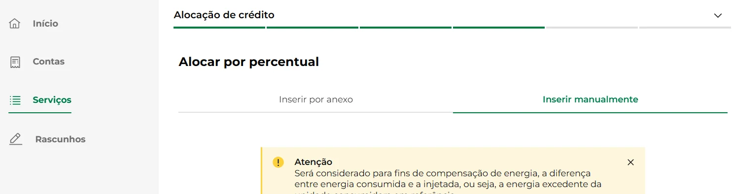 Etapa Alocação de crédito, Alocar por percentual, com a aba Inserir manualmente selecionada e um aviso de atenção