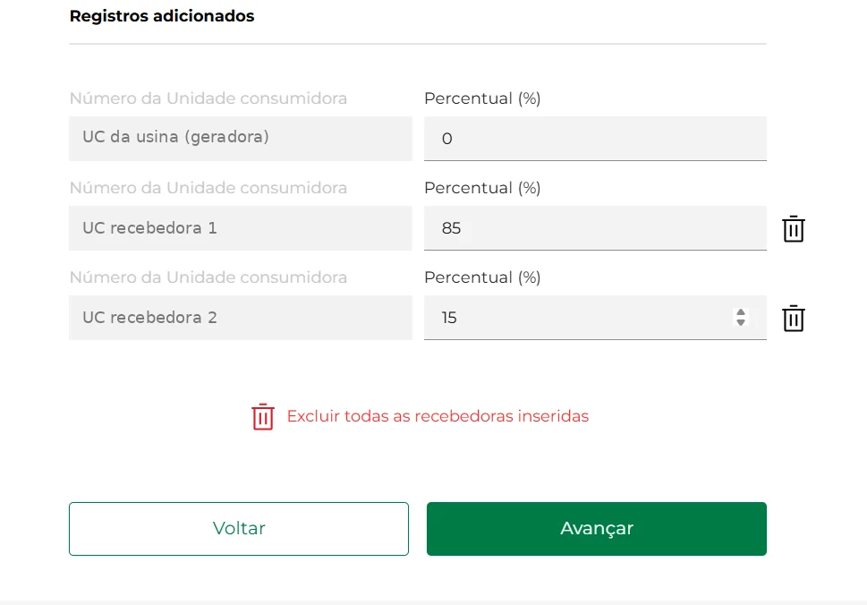 Registros adicionados com três unidades: a da usina com 0%, a recebedora 1 com 85% e a recebedora 2 com 15%