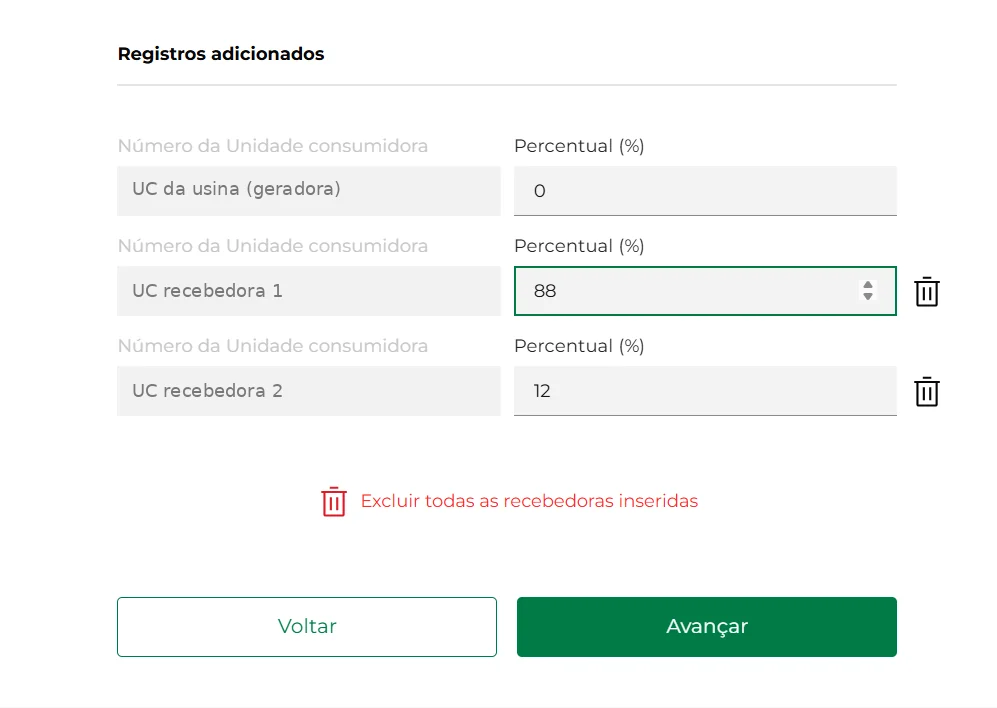 Registros adicionados com os percentuais alterados para 0%, 88% e 12%