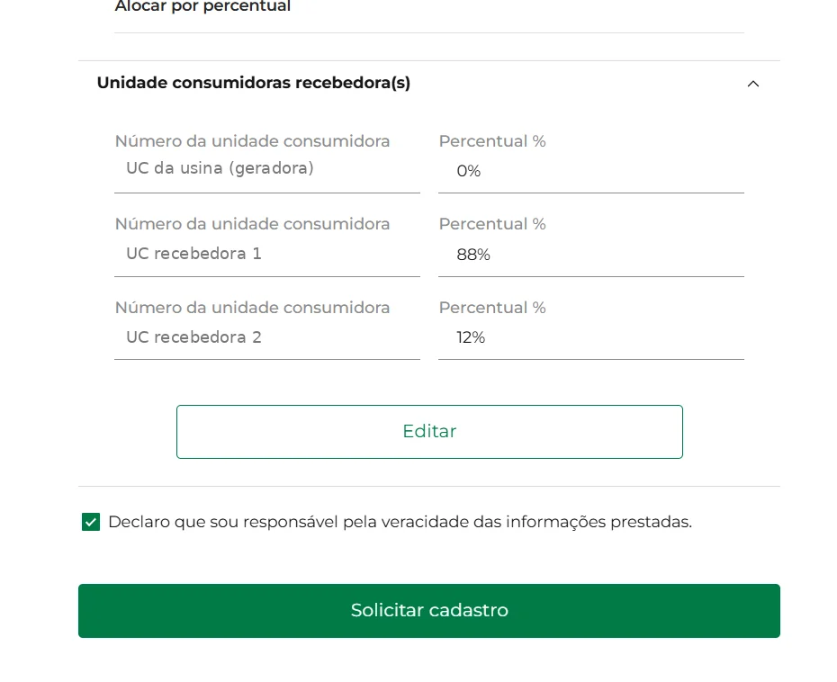 Resumo com as unidades recebedoras e os percentuais 0%, 88% e 12%, a caixa de declaração marcada e o botão Solicitar cadastro